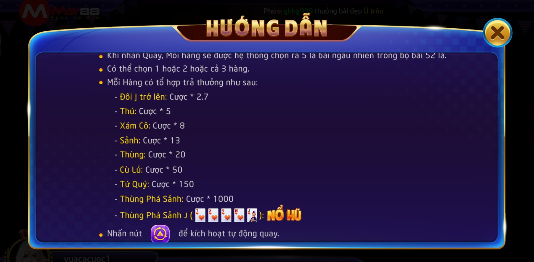 Các mức tiền thưởng tính trong Mini Poker của May88 club
